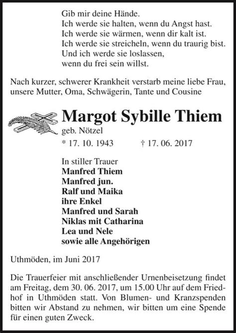 Traueranzeigen von Margot Sybille Thiem geb Nötzel abschied