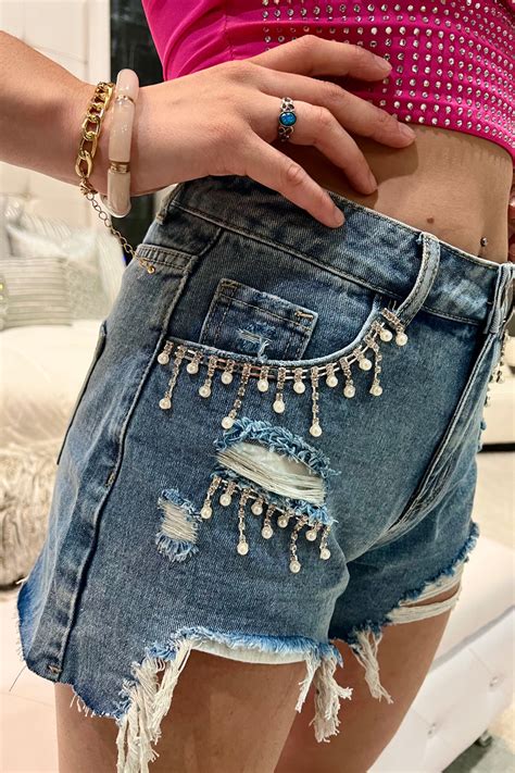 Tassel Rhinestone Distress Denim Shorts Heavens Secret Closet