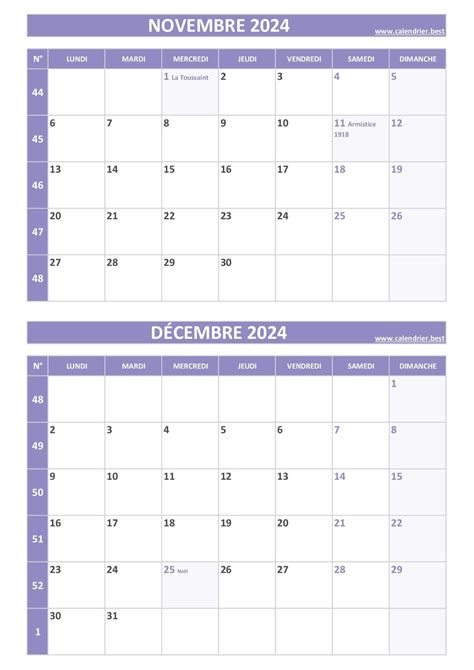 Calendrier novembre et décembre 2024 à imprimer Calendrier best