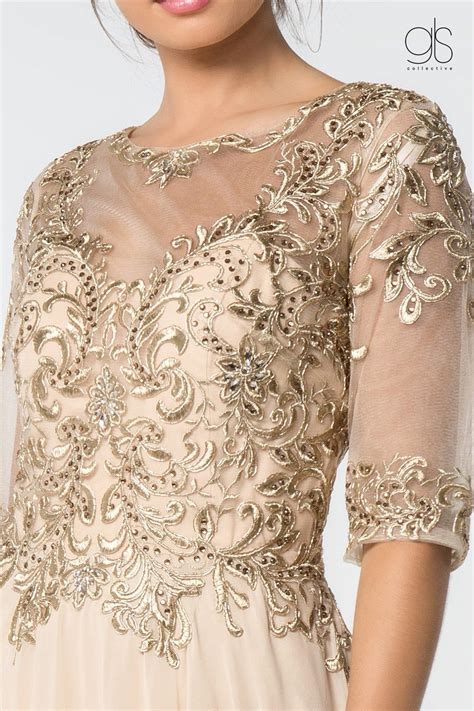 Navy Long Formal Embroidered Mother of the Bride Chiffon Gown