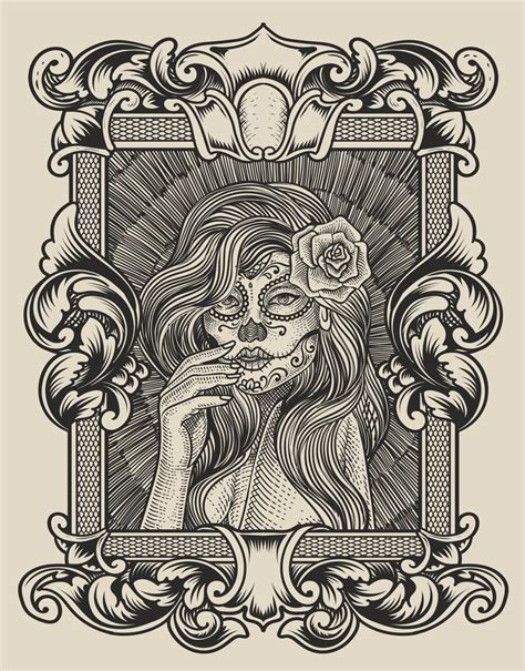 illustration sugar lady skull with engraving style 13487825 Vector Art ...