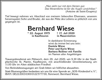 Traueranzeigen Von Bernhard Wiese Augsburger Allgemeine Zeitung