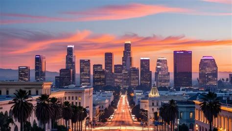 Beautiful Sunset Of Los Angeles Downtown Skyline In Ca Usa Premium Ai Generated Image