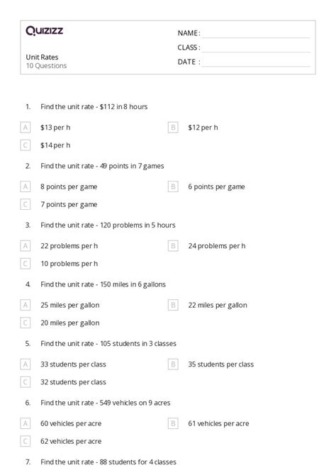 50 Unit Rates Worksheets For 7th Grade On Quizizz Free And Printable