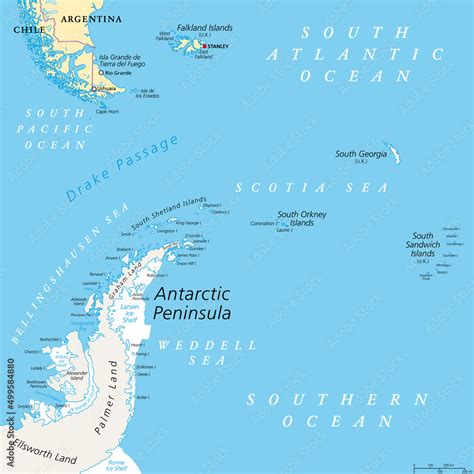 Antarctic Peninsula Area Political Map From Southern Patagonia And