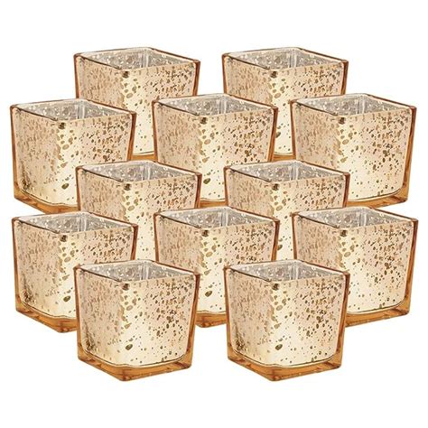 Just Artifacts Mercury Glass Square Votive Candle Holder 2 Inch 12pcs Speckled Gold Mercury