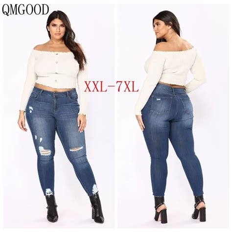 Qmgood 2018 Torn Jeans High Waist Big Size 7xl Woman Tight Push Up Jeans Large Size Women