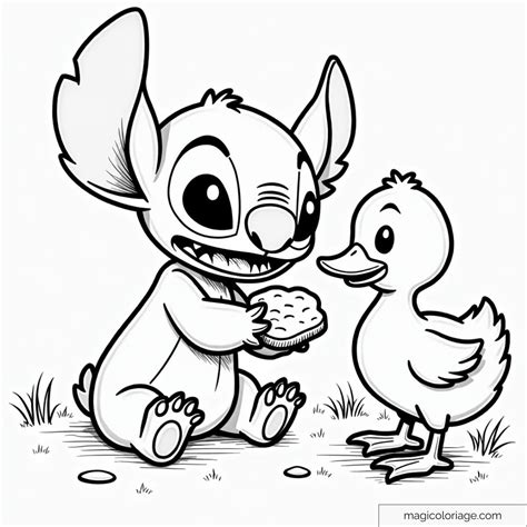 Dessin à colorier de Stitch nourrissant un canard à imprimer