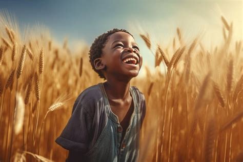 African child smiling at wheat field. Generate Ai