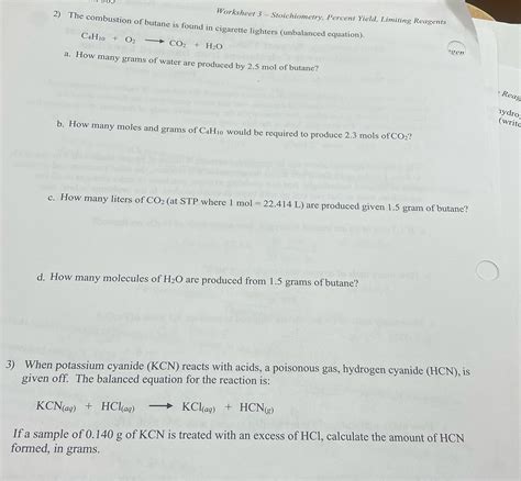 Worksheet Stoichiometry Percent Yield Limiting Reagents