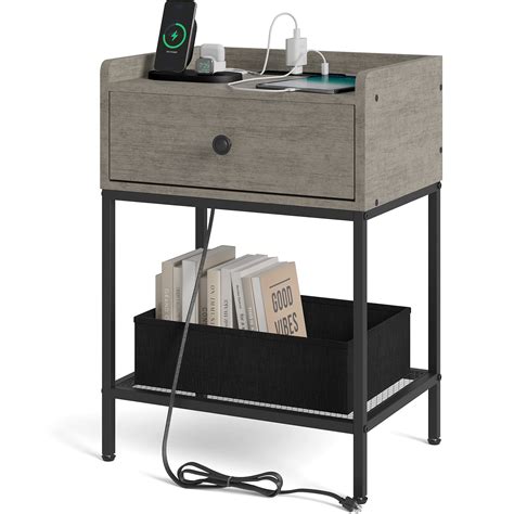 Yandm Nightstand With Charging Station And Usb Ports Side End Table With Drawer Modern Bedside