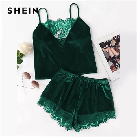 SHEIN Green Lace Trim Velvet V Neck Crop Cami And Shorts Pajama Set