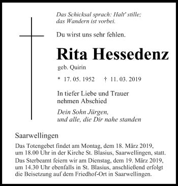 Traueranzeigen Von Rita Hessedenz Saarbruecker Zeitung Trauer De