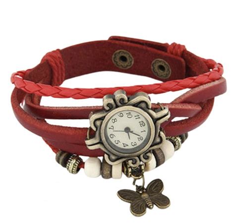 Rood Leren Bandjes Horloge Met Kralen En Vlinder Bedel Spiritueelboek Nl