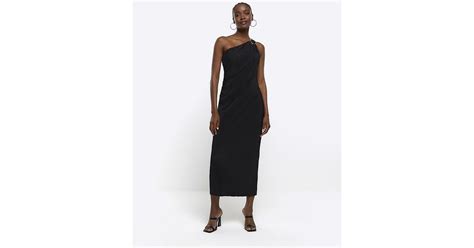 River Island Black Plisse One Shoulder Bodycon Midi Dress Lyst