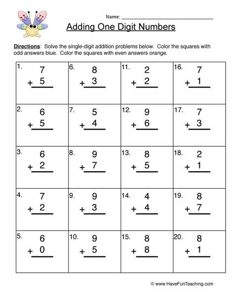 Adding One Digit Numbers Worksheet By Teach Simple