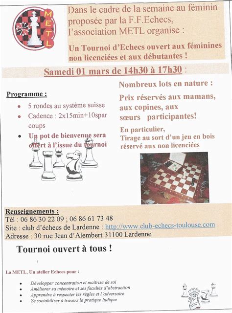 Tournoi Lardenne Ouvert Aux F Minines Non Licenci Es Club D Checs