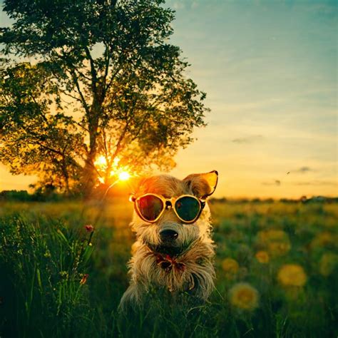 Premium Ai Image A Dog Wearing Sunglasses In A Field With A Tree In