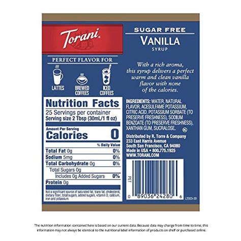 Torani Sugar Free Syrup, Vanilla, 25.4 Ounces