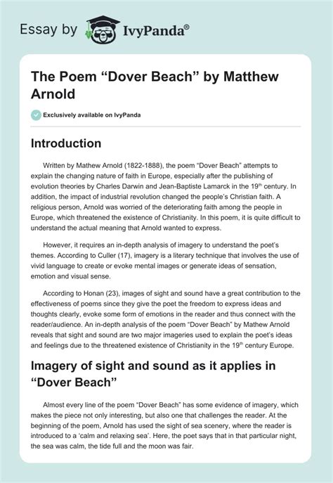 The Poem Dover Beach By Matthew Arnold 1131 Words Research Paper Example