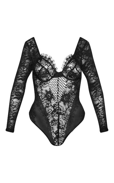 Black Lace Panel Mesh Long Sleeve Bodysuit Prettylittlething Usa