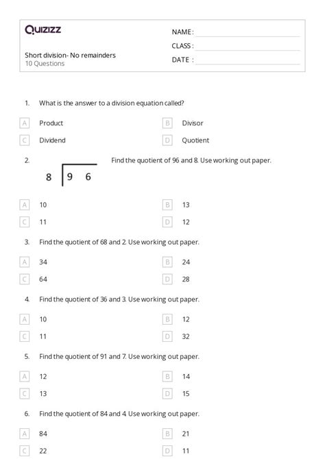 50 Division Without Remainders Worksheets For 4th Year On Quizizz