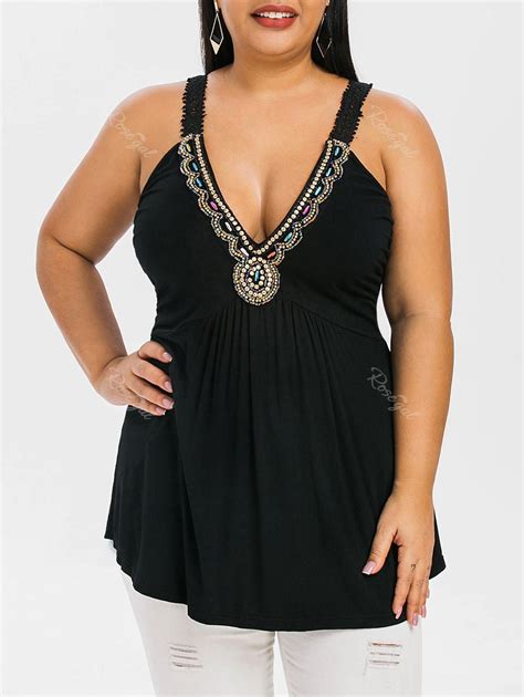 Off Plus Size Beading Plunging Tank Top Rosegal