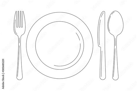 Silverware Line Art Icon Set Isolated On White Background Top View Lineart Cutlery Fork Knife