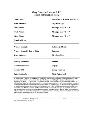 Fillable Online Mary Costello Stevens Lpc Client Information Form Fax