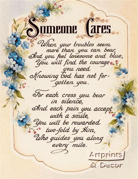 A Poem Written In Blue Flowers With The Words Someone Cares On It