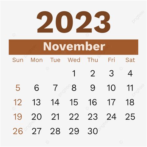 Mês De Novembro Para 2023 Calendário Mensal Em Marrom PNG Calendário