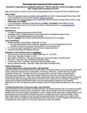 Fillable Online Muir Ucsd Muir College Intern Positions 20132014