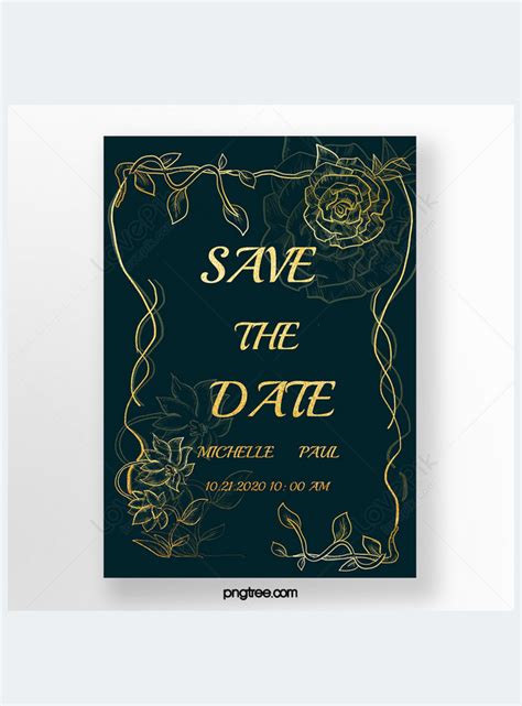 Hand drawn style black and gold tone floral wedding invitation template ...