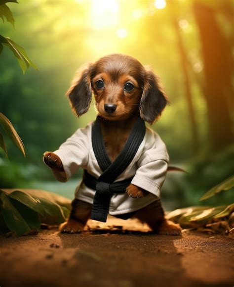 Premium Photo | Photo a cute puppy dog wear karate dress standing in karate pose in natural ...