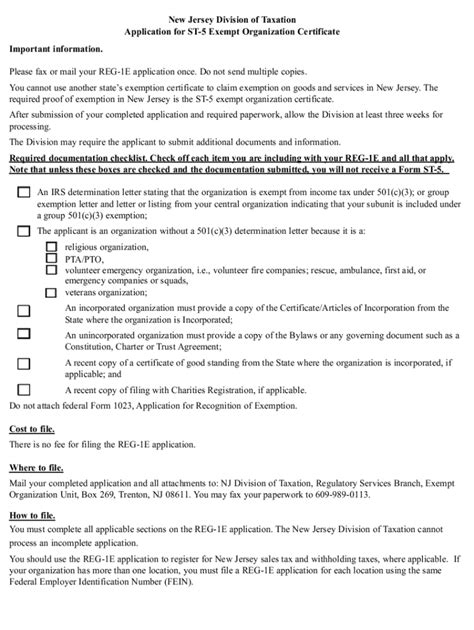 Fillable Online Reg 1e Application For St 5 Exempt Organization Certificate Form Reg 1e Reg