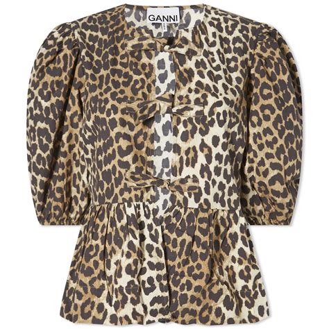 Ganni Printed Cotton Poplin Peplum Blouse Leopard End