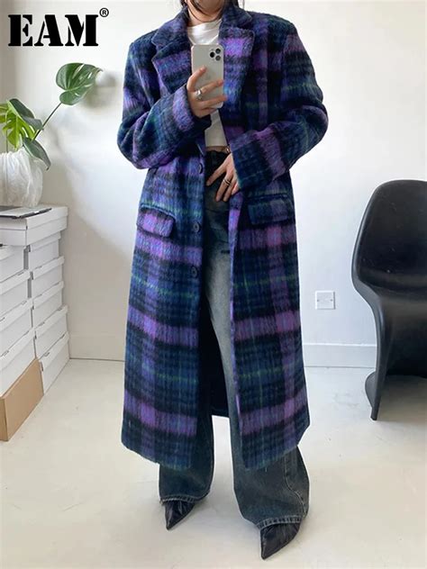 Eam Purple Plaid Big Size Long Thick Woolen Coat New Lapel Long Sleeve