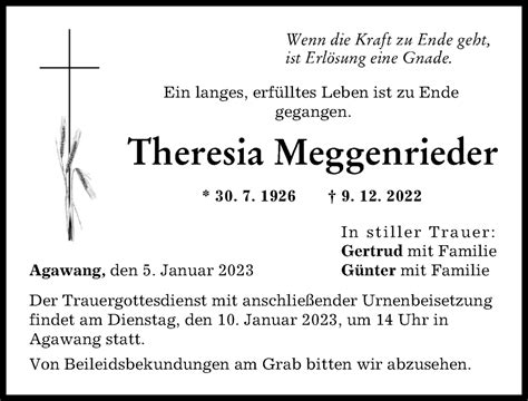 Traueranzeigen Von Theresia Meggenrieder Augsburger Allgemeine Zeitung