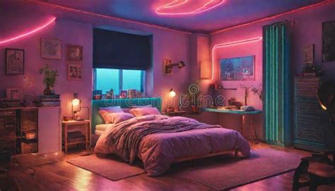 A Retro Inspired Bedroom With Neon Lights Evoking A Nostalgic Stock