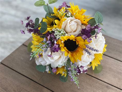 Purple and sunflower bouquet Purple wedding Purple Sunflowers | Etsy