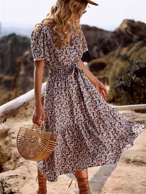 Allover Floral Print Butterfly Sleeve Ruffle Hem Belted Dress Belted