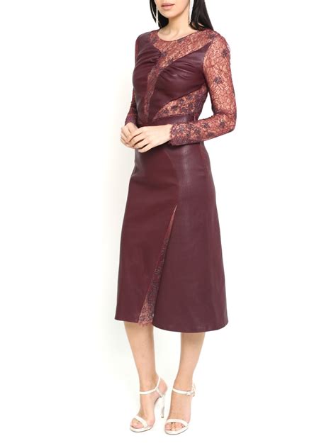 Safiro Burgundy Leather Dress With Embroidered Lace