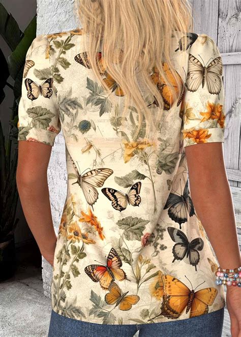 Light Yellow Tuck Stitch Butterfly Print T Shirt Modlily Usd