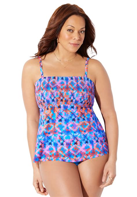 Swimsuits For All Womens Plus Size Smocked Bandeau Tankini Top 16 Multi Kaleidoscope