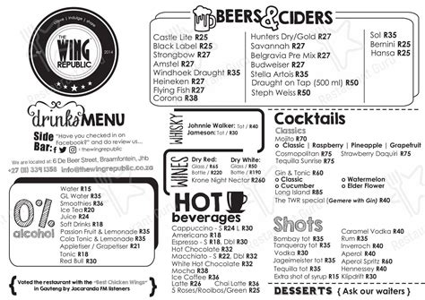 Menu At The Wing Republic Johannesburg 6 De Beer St