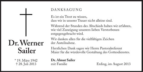 Traueranzeigen Von Werner Sailer Sz Gedenken De