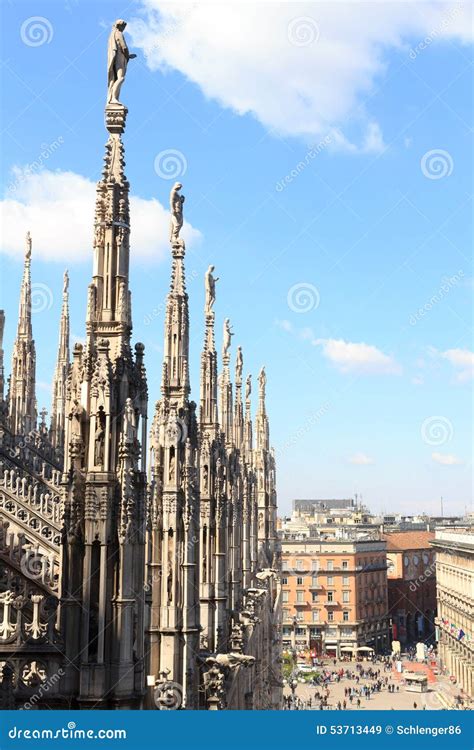 Statues On Milan Cathedral And Piazza Del Duomo Editorial Stock Image