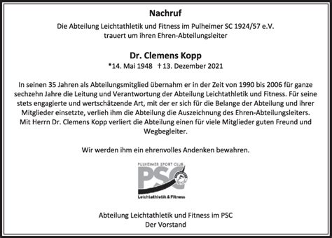 Traueranzeigen Von Clemens Kopp WirTrauern