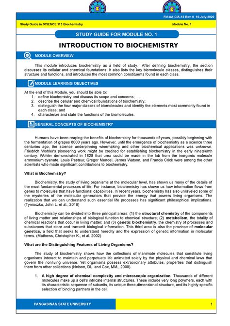 Study Guide Sci Intro To Biochem Introduction To Biochemistry