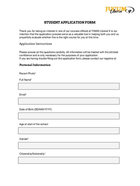 Fillable Online Student Application Form Ywam Liberia Fax Email Print